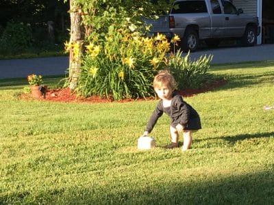 Baby walking in the grass of a yard